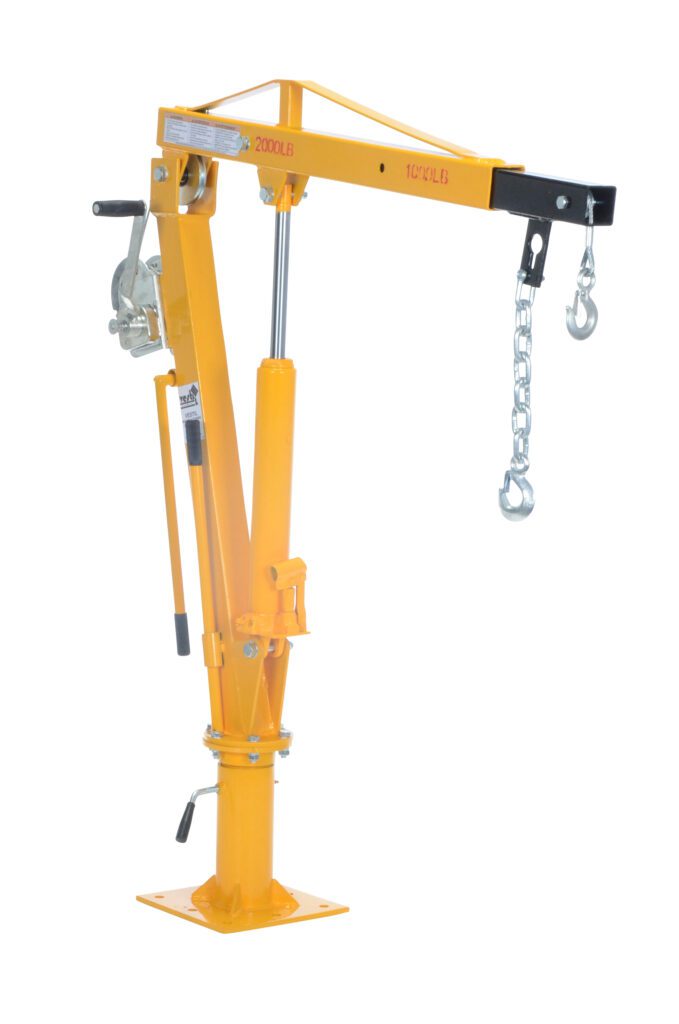 WTJ-4_A.jpg The yellow Vestil Winch Operated Truck Jib Crane 1K Extend, with a hand crank and adjustable arm, includes a chain hook. It mounts on a sturdy square base designed to lift heavy items up to 2000 lbs effortlessly.
