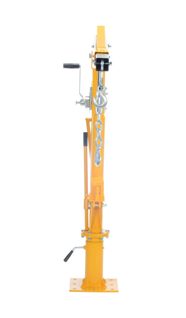 Yellow mechanical lifting jack featuring a handle, chain, base plate, levers, and hinges for vertical lifting in industrial settings; resembles the Vestil Winch Operated Truck Jib Crane 1K Extend.