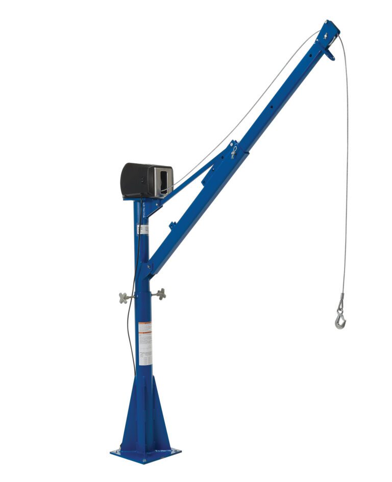 WTJ-E-15-3-AC-CSA_A.jpg The Vestil Ac Power Jib Crane 1.5K 66 In Boom Csa has a blue industrial jack, a long adjustable arm with cable and hook, and stands on a triangular base. It features supportive components and adjustment points, ensuring reliability and precision for lifting tasks in any workspace.