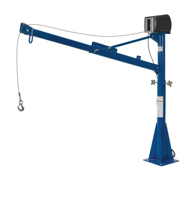 Introducing the Vestil Ac Power Jib Crane 1.5K 66 In Boom CSA in blue metal, featuring a 1.5K capacity and 66-inch boom with an adjustable arm, steel cable hook, and sturdy triangular base for efficient lifting or hoisting tasks.
