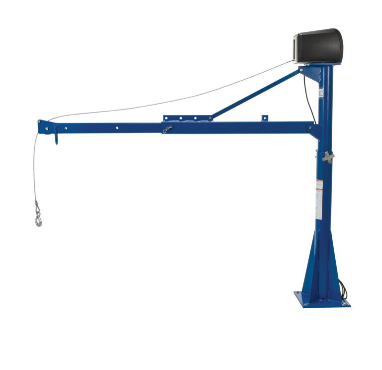 The Vestil AC Power Jib Crane has a 1.5K capacity and a 66-inch boom, featuring vertical support, horizontal arm, pulley with cable and hook for lifting heavy objects, secure base with black motor casing on top, all in blue metal construction built to CSA standards.
