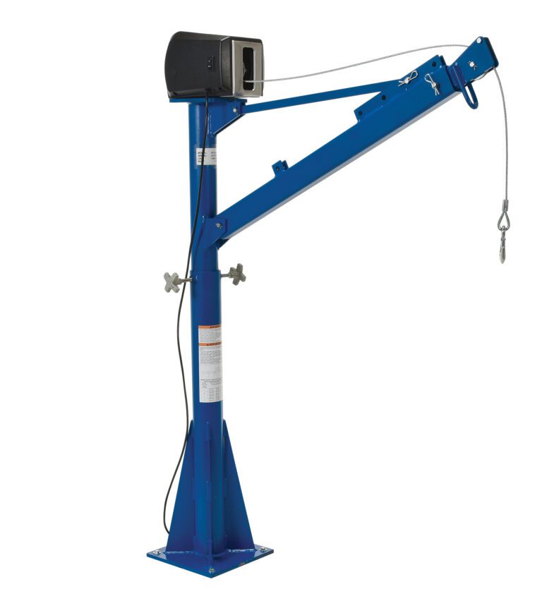 The Vestil Ac Power Jib Crane 1.5K with 66-inch boom, equipped with a cable winch and hook on its adjustable arm, is mounted on a square base for precise lifting or lowering of objects.