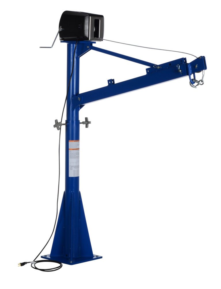 WTJ-E-15-3-AC_A.jpg The Vestil AC Power Lift Jib Crane 1.5K 66 In Boom includes a blue electric cable hoist, sturdy triangular base, vertical column, and adjustable 66-inch boom with a pulley system for lifting up to 1.5K precisely.