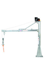The Vestil Dc Power Jib Crane 1.5K 66 In Boom Galv features an industrial design with a 1.5K capacity and a 66-inch galvanized boom, including a metal arm, pulley, hook, and orange safety strap for lifting heavy items safely.