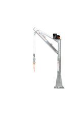 A Vestil Dc Power Jib Crane 1.5K 66 In Boom Galv, with a 1.5K capacity and a 66-inch boom, is displayed against a plain white background, emphasizing its mechanical arm, industrial design, and galvanized finish.