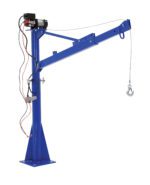 The Vestil Dc Power Lift Jib Crane 1.5K 66 In Boom is a blue metal crane with a long arm, sturdy base, and hook hanging from a cable. It includes a small motor with electrical wires, providing an efficient and compact design for lifting tasks.