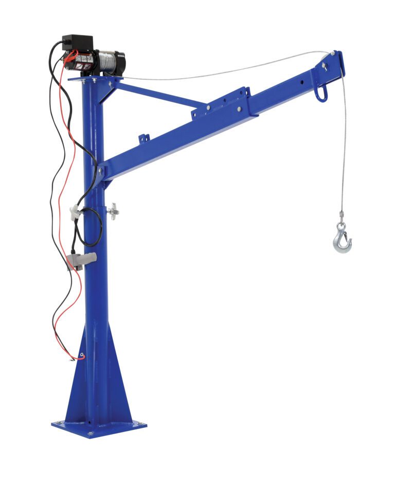 The Vestil Dc Power Lift Jib Crane 1.5K 66 In Boom is a blue metal crane with a long arm, sturdy base, and hook hanging from a cable. It includes a small motor with electrical wires, providing an efficient and compact design for lifting tasks.