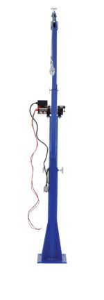 A vertical blue metal pole with a base stand similar to the Vestil crane has red and black wires attached to a black box, and a hook elegantly hangs from the top down the left side.