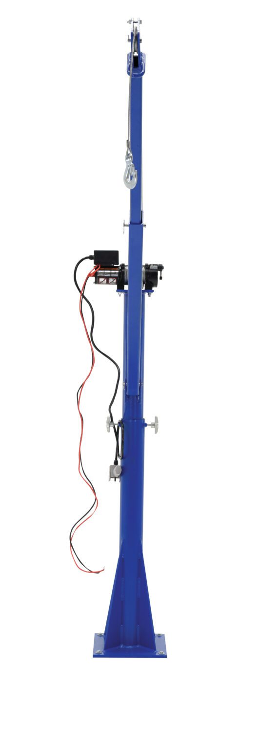 A vertical blue metal pole with a base stand similar to the Vestil crane has red and black wires attached to a black box, and a hook elegantly hangs from the top down the left side.