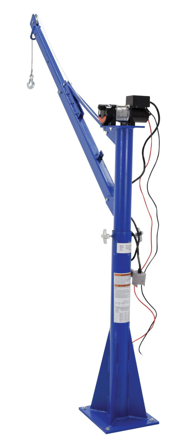 The Vestil DC Power Lift Jib Crane 1.5K with a 66-inch boom features a long arm, winch, sturdy metal base, and motor-linked wires, making it ideal for lifting heavy objects effortlessly.