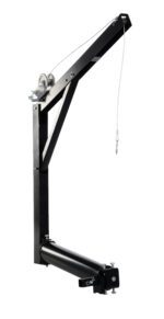 The Vestil Hitch-Mounted Truck Jib Crane is a black metal lifting hoist with a winch and cable, designed for easy vehicle hitch attachment. It has a diagonal arm ending in a strong hook, perfect for effortless lifting or towing tasks.