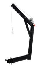 The Vestil Hitch-Mounted Truck Jib Crane, in black metal, includes a sturdy base, angled arm, pulley, and hook. It utilizes a cable mechanism with adjustable parts for lifting tasks and is displayed against a white background.