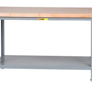 The Little Giant Butcher Block Top Tables have wooden tops, a sturdy gray metal frame, and a handy lower storage shelf.