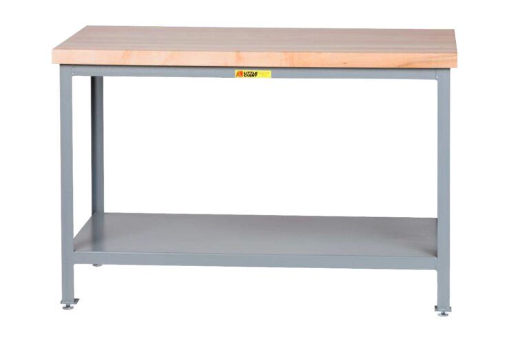 The Little Giant Butcher Block Top Tables have wooden tops, a sturdy gray metal frame, and a handy lower storage shelf.