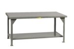 The Little Giant Heavy-Duty Workbench, named for its robust design, offers a gray industrial style with a flat top and lower shelf. Featuring sturdy legs and a yellow front label, its perfect for workshop or garage tasks.