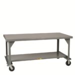 The Little Giant Mobile Heavy-Duty Workbench boasts durable gray metal construction, a flat top, and a lower storage shelf. It includes four casters for easy mobility, two with brakes, making it ideal for tough workshop needs.