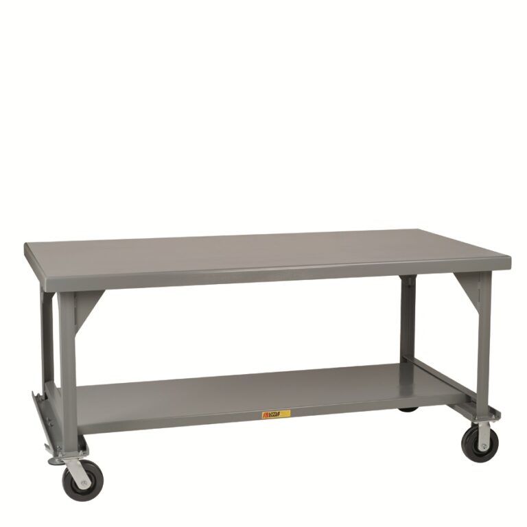 The Little Giant Mobile Heavy-Duty Workbench boasts durable gray metal construction, a flat top, and a lower storage shelf. It includes four casters for easy mobility, two with brakes, making it ideal for tough workshop needs.