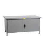 The Little Giant Heavy-Duty Cabinet Workbench is a gray, industrial cabinet with two doors and a black handle, elevated on short legs. Its ideal for storage in workshops or garages due to its simple design.