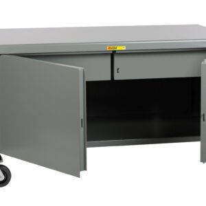 The Little Giant Mobile Heavy-Duty Cabinet Workbench has a durable gray metal build, a flat top, and cabinet storage below. Its two-door cabinet reveals an empty interior, and wheels offer easy mobility.