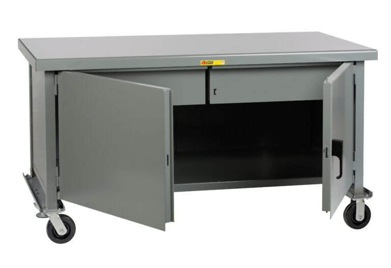The Little Giant Mobile Heavy-Duty Cabinet Workbench has a durable gray metal build, a flat top, and cabinet storage below. Its two-door cabinet reveals an empty interior, and wheels offer easy mobility.