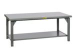 The Little Giant Extra Heavy Duty Welded Steel Workbench features a spacious tabletop, a lower shelf, a grey metal finish, and reinforced legs for exceptional stability during tough projects.