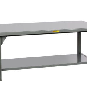 The Little Giant Extra Heavy Duty Welded Steel Workbench features a spacious tabletop, a lower shelf, a grey metal finish, and reinforced legs for exceptional stability during tough projects.