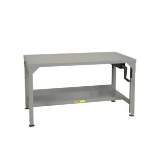 The Little Giant Easy Lift Adjustable Height Workbench is a sturdy gray metal station with a flat top, bottom shelf, adjustable feet, and a right-side vise. Its front beam proudly displays the manufacturers label, reflecting its quality.