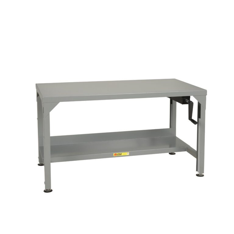 The Little Giant Easy Lift Adjustable Height Workbench is a sturdy gray metal station with a flat top, bottom shelf, adjustable feet, and a right-side vise. Its front beam proudly displays the manufacturers label, reflecting its quality.