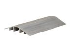 Resembling the Vestil Extruded Alum Hose/Cable Crossover 36, a piece of light gray metal trim with a ridged surface and angled sides contains three rectangular channels in its hollow interior against a plain white background.