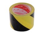 The Vestil Yel/Black Striped Floor Tape 82 ft x 3 in features bold diagonal yellow and black stripes, with a red and white design containing text on the rolls inner side.