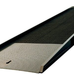 The Vestil Steel Yard Ramp Overlap Style 30K 85X30 is a long, grated steel ramp with tapered ends and wheels for support. It features raised edges and a flat top section, ideal for efficient loading and unloading of vehicles or equipment.
