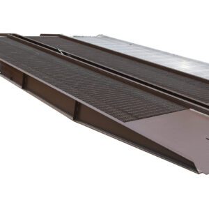 The Vestil Steel Yard Ramp Overlap Style 30K 85X36 features a grated metallic surface, a wheel on one end, and is angled downward for easy vehicle loading onto trailers.