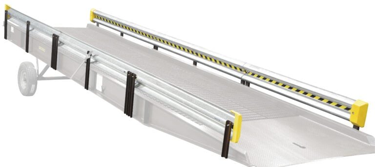 The Vestil Alum Yard Ramp Optional Guard Rail 30 Ft boasts a grated surface and metal rails for traction, with bright yellow accents for visibility. Its rightward slope and single wheel enhance mobility across its durable structure.
