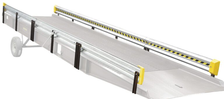 The Vestil Alum Yard Ramp Optional Guard Rail 36 Ft features a grated surface, yellow safety details, and black railings. Equipped with a wheel on one side, it efficiently loads equipment or vehicles onto elevated platforms or truck beds.