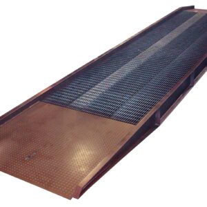 The Vestil Steel Yard Ramp Mech Docklevel 16K 72X36 has an angled, grated surface for smooth goods movement, making it perfect for industrial use with its elevated design and gentle slope.