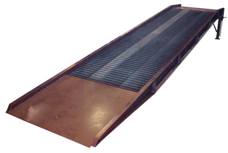 YRDS-20-8536-H_A.jpg The Vestil Steel Yard Ramp Hydr Docklevel 20K 85X36 has a grated surface and side rails for seamless loading and unloading via forklifts, supporting up to 20,000 lbs.
