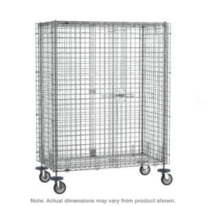 The Metro SEC56ECQ qwikSLOT Mobile Security Shelving Unit, Chrome, measures 27.25 x 65 x 67.9375, features a rectangular design with a locking latch door and may have dimension variations, all set against a white backdrop.
