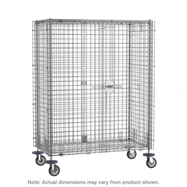 a9zttyxsihs1q3jo0v1zkwwc3rgmxzln.jpg The Metro SEC56ECQ qwikSLOT Mobile Security Shelving Unit, Chrome, measures 27.25 x 65 x 67.9375, features a rectangular design with a locking latch door and may have dimension variations, all set against a white backdrop.