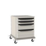 The Metro SXR28NL1 Starsys 28 tall undercounter cart offers five black-handled drawers and four caster wheels, blending sleek design with functionality. Its crafted from metal or plastic to fit your space needs.