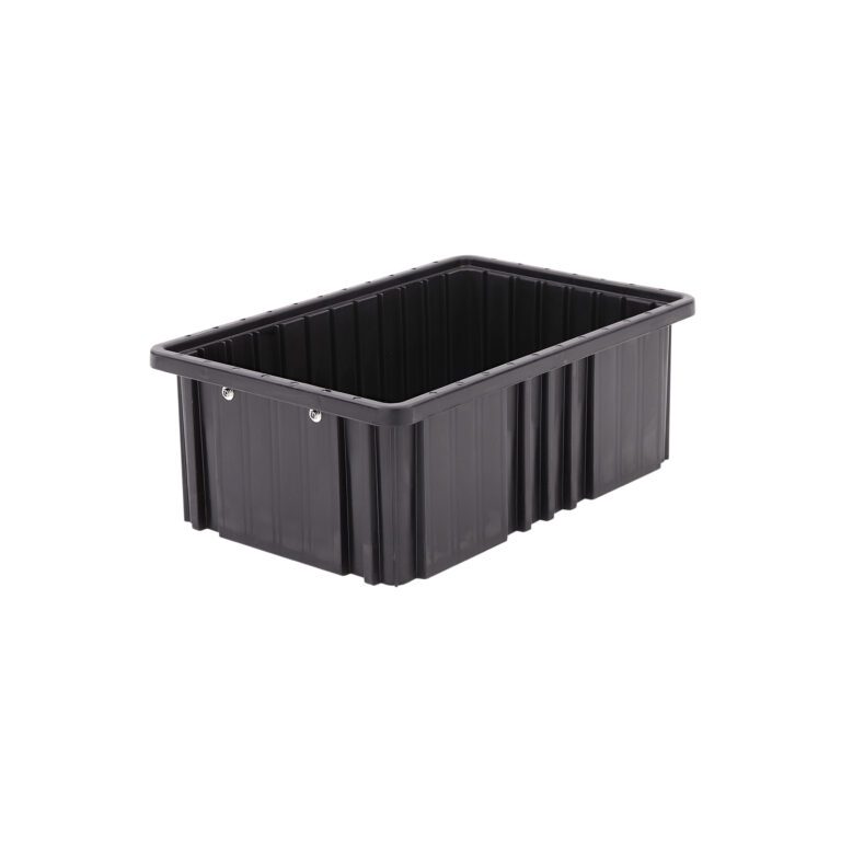The Metro TB92060CAS Conductive Polypropylene Tote is a large, rectangular black storage container with ribbed sides, an open top, and two small metal handles. It measures 16.5 x 10.875 x 6.