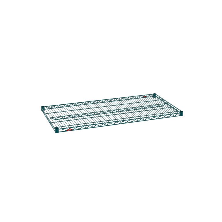 The Metro Super Erecta 2448NK3 wire shelf in Metroseal Green Epoxy features a durable rectangular grid pattern, measuring 24 x 48--perfect for your industrial shelving unit, photographed isolated on a white background.