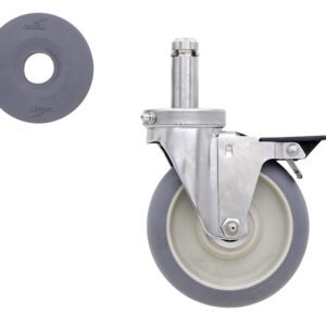 A metal swivel caster wheel with a gray rubber tire is shown beside a separate gray rubber wheel without a hub. The caster wheel has a silver metal frame and locking mechanism.