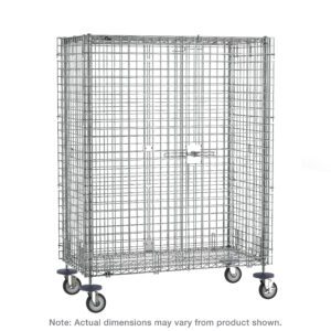 The Metro SEC56EC Super Erecta Mobile Security Shelving Unit is a large chrome metal mesh cage on wheels with a secure door latch, perfect for storage and transport. Dimensions: 27.25 x 65 x 67.9375, with slight variations possible.