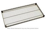 The Metro Super Erecta 1848NBL Industrial Wire Shelf, 18 x 48, features a rectangular grid design in black with four round plastic caps at each corner for stability. Actual dimensions may vary from the product shown.