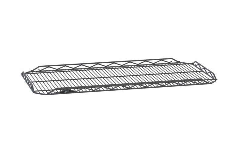 The Metro HDM2448Q-DSG qwikSLOT Drop Mat Wire Display Shelf in smoked glass is black, rectangular, and measures 24 x 48. It features a mesh design with a slightly raised edge on three sides and is displayed horizontally against a white background.