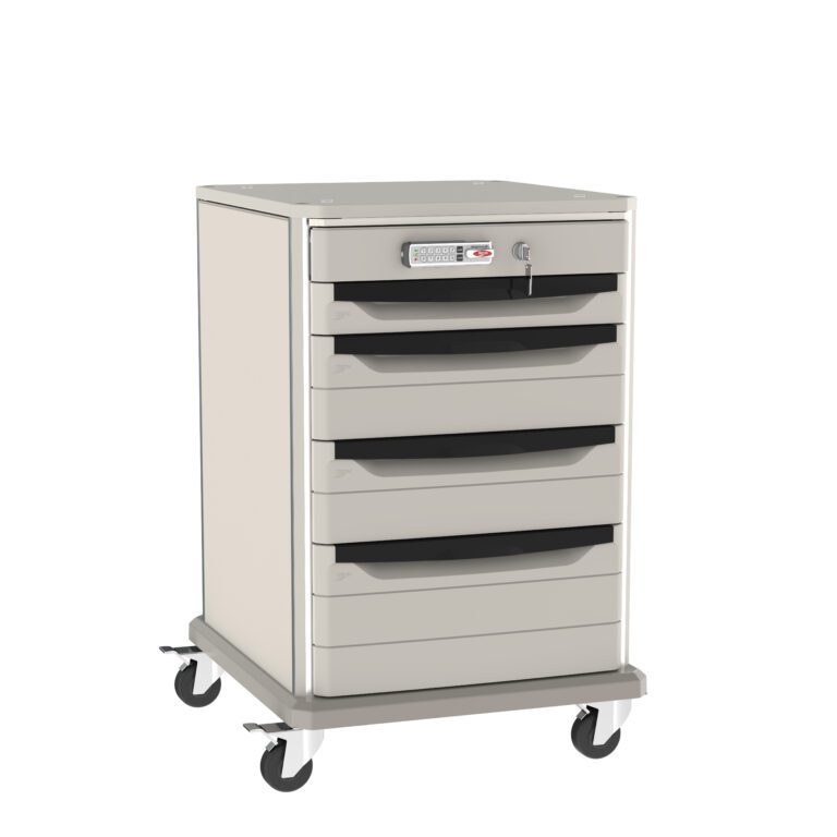 A tall, gray medical cart with five drawers and a lock mechanism on top, equipped with a keypad and a keyhole. The cart has four wheels for mobility.
