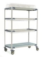 The MetroMax i PR48VX3 Mobile Drying Rack, featuring wire mesh construction, includes two drop-ins, one tray rack, and one bulk shelf. It measures 26 x 50 x 68, providing open storage and easy mobility with wire railings on the upper three shelves and a flat bottom shelf.