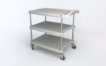 The Metro MY2030-34G myCart Series 3-Shelf Utility Cart is sleek and practical with a gray, three-tier design featuring wheels, a handle, and sturdy metal poles supporting each rectangular 20 x 30 shelf.