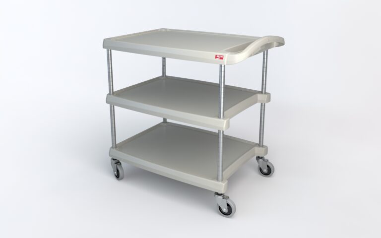 The Metro MY2030-34G myCart Series 3-Shelf Utility Cart is sleek and practical with a gray, three-tier design featuring wheels, a handle, and sturdy metal poles supporting each rectangular 20 x 30 shelf.