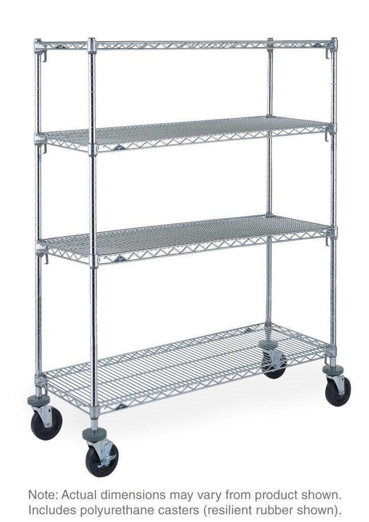 The Metro Super Adjustable Super Erecta SA-183680C-MU-4 cart is an industrial wire shelving unit with a chrome finish, featuring four adjustable shelves and resilient rubber casters for mobility, measuring 18 x 36 x 80; note dimensions may slightly vary.